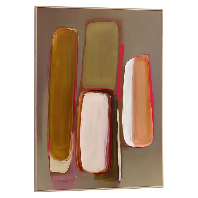 Reinders Bild Slim Frame Wood - Warm Abstract I, B x H: 50 x 70 cm - Gerahmtes abstraktes Gemälde mit abgerundeten Formen in Oliv, Weiß, Beige, Braun und pinkfarbenen Umrissen auf taupefarbenem Hintergrund.