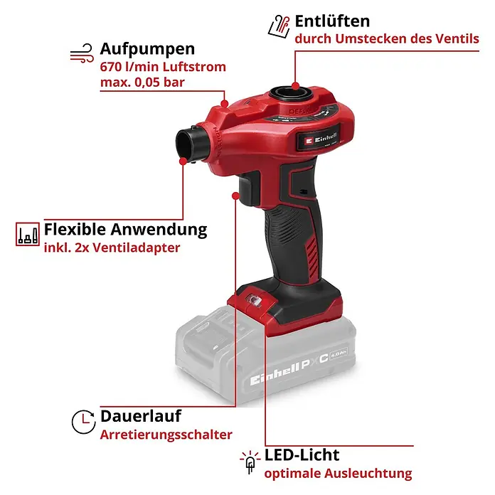 Einhell Power X-Change 18V Akku-Luftpumpe CE-AP 18 Li-Solo - 18 V, Ohne Akku, Füllleistung: 670 l/min - Roter und schwarzer Akku-Inflator/Deflator mit aufgestecktem Akku.