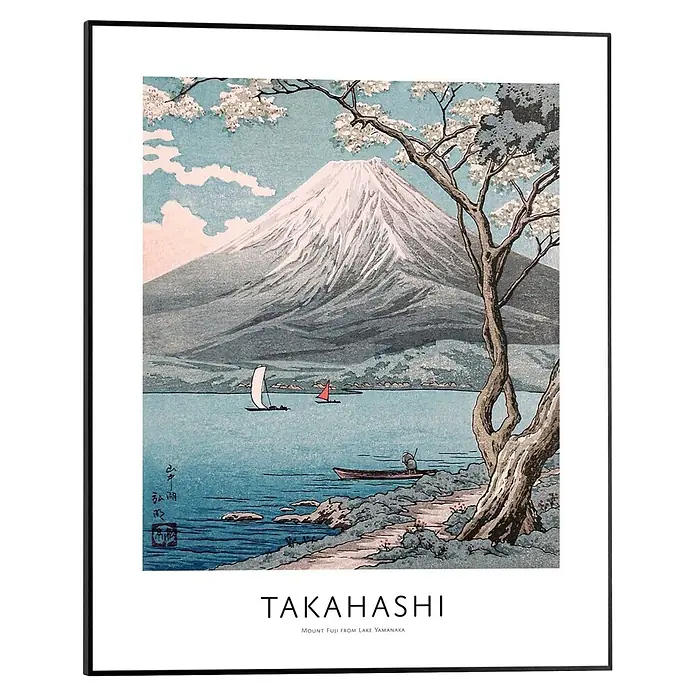 Reinders Bild Slim Frame Black - Mount Fuji, B x H: 40 x 50 cm - Schwarz gerahmtes Poster: Japanischer Farbholzschnitt von Berg Fuji, See, Booten und Kirschblüten. Künstler: Takahashi.