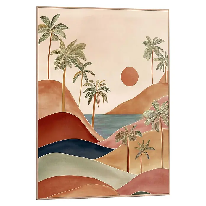 Reinders Bild Slim Frame Wood - Tropical Sunset, B x H: 50 x 70 cm - Gerahmtes abstraktes Landschaftsbild mit stilisierten Palmen, sanften Hügeln in Erdtönen und einem ruhigen Meer unter der untergehenden Sonne.