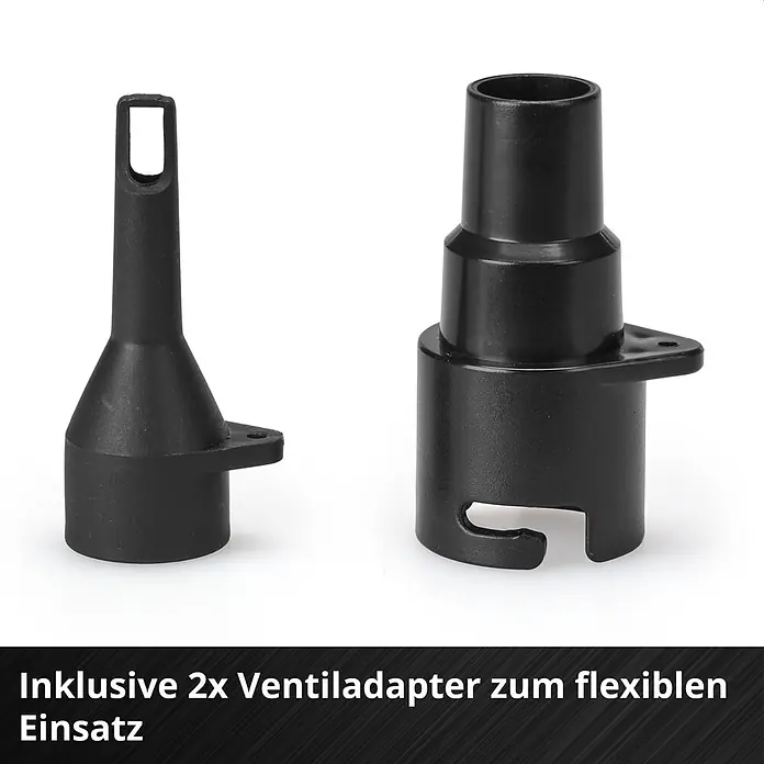 Einhell Power X-Change 18V Akku-Luftpumpe CE-AP 18 Li-Solo - 18 V, Ohne Akku, Füllleistung: 670 l/min - Zwei schwarze Kunststoff-Ventiladapter; einer ist eine konische Düse, der andere ein breiter Universaladapter.