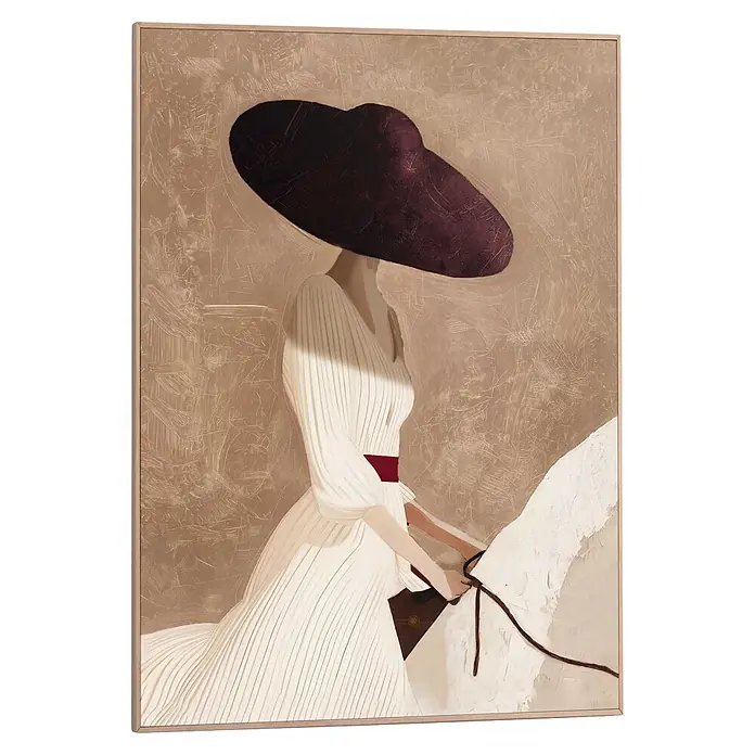 Reinders Bild Slim Frame Wood - Elegant Rider, B x H: 50 x 70 cm - Abstraktes Gemälde einer Frau in weißem Plisseekleid und großem dunklem Hut auf weißem Pferd vor texturiertem beigem Hintergrund.