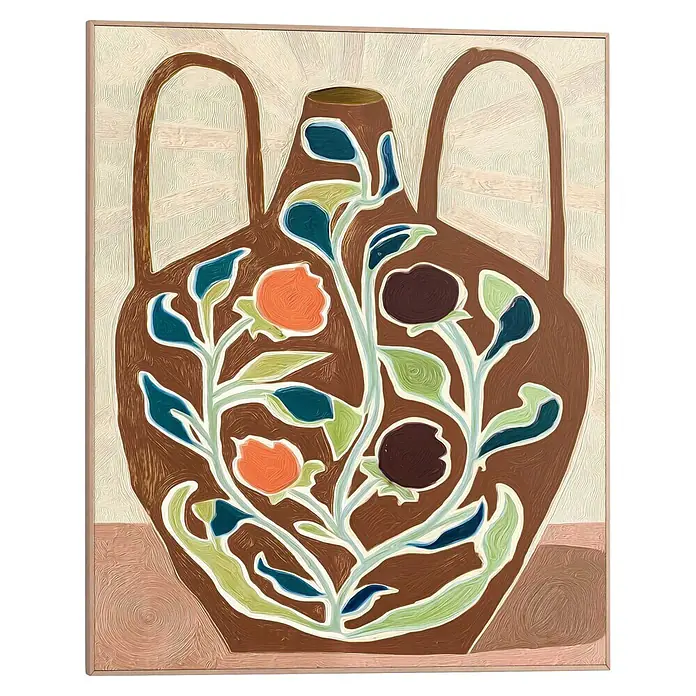 Reinders Bild Slim Frame Wood - Botanical Vase, B x H: 40 x 50 cm - Stilisiertes Gemälde: braune Vase mit Henkeln, abstrakte Blumenmuster in Blau, Grün, Orange, Dunkelrot.