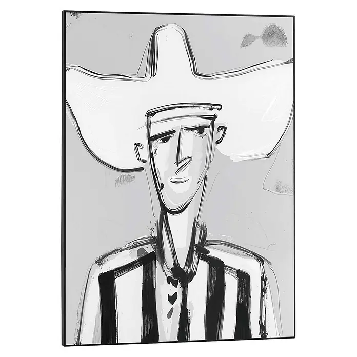 Reinders Bild Slim Frame Black - Modern Cowboy, B x H: 50 x 70 cm - Abstraktes Schwarz-Weiß-Porträt einer Person mit Sombrero und gestreiftem Hemd.