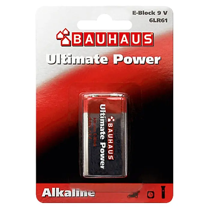 BAUHAUS Batterie Ultimate Power - 9-Volt-Block, Alkali-Mangan, 9 V, 1 Stk. - Verpackung einer 9V E-Block Alkaline Batterie von Bauhaus Ultimate Power. Die Batterie ist in einer durchsichtigen Plastikhülle verpackt.