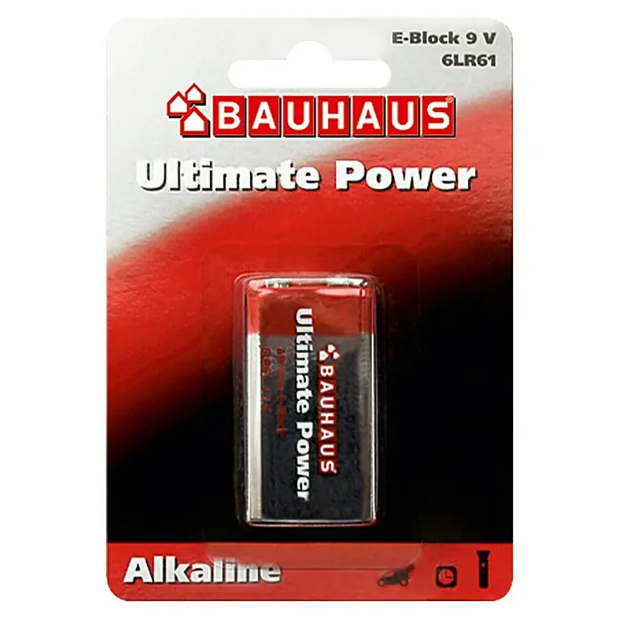 BAUHAUS Batterie Ultimate Power - 9-Volt-Block, Alkali-Mangan, 9 V, 1 Stk. - Verpackung einer 9V E-Block Alkaline Batterie von Bauhaus Ultimate Power. Die Batterie ist in einer durchsichtigen Plastikhülle verpackt.