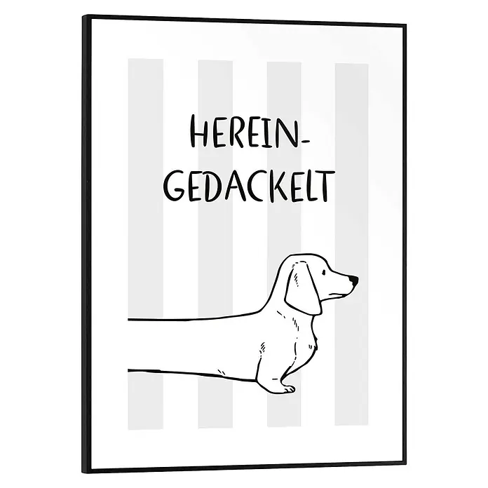 Reinders Bild Slim Frame Black - Herein Gedackelt, B x H: 30 x 40 cm - Schwarz gerahmter Druck mit dem Text "HEREIN-GEDACKELT" und einer schwarz umrissenen Dackelzeichnung.