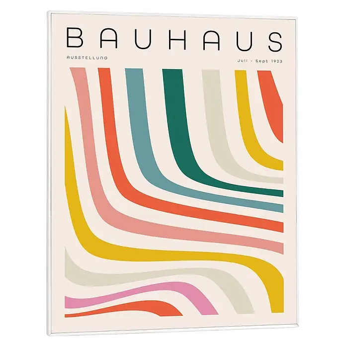 Reinders Bild Slim Frame White - Bauhaus Colorful, B x H: 40 x 50 cm - Bauhaus-Ausstellungsplakat mit schwarzem Text, beigem Hintergrund und bunten Wellenlinien in Rosa, Orange, Blau, Grün, Gelb, Grau.