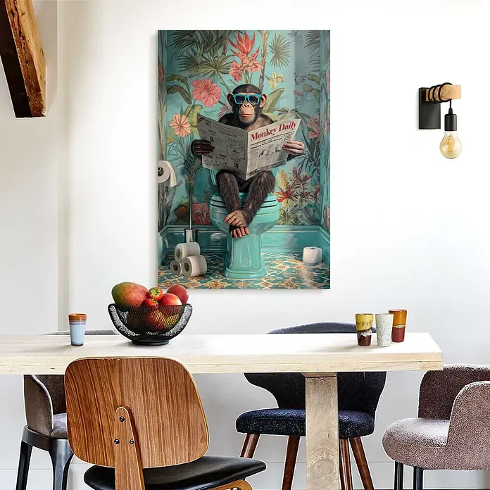 Reinders Decopanel - Chimp Toilet, B x H: 60 x 90 cm - Großer Leinwanddruck mit einem Affen in Sonnenbrille, der auf einer Toilette Zeitung liest, vor tropischer Blumentapete, über Esstisch.