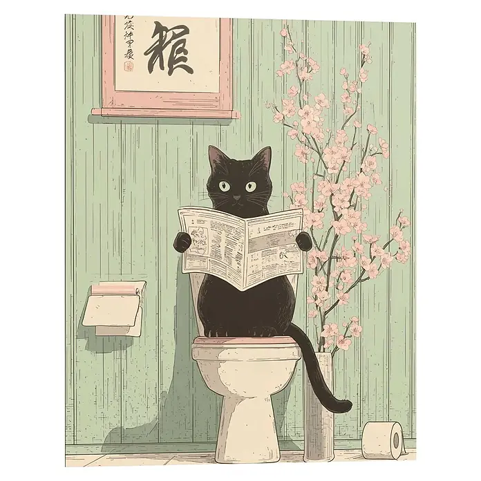 Reinders Decopanel - Japandi Toilet Cat, B x H: 40 x 50 cm - Schwarze Katze sitzt auf Toilette, liest Zeitung, umgeben von Kirschblüten.