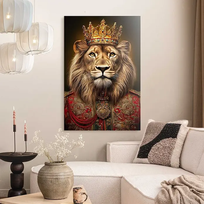 Reinders Decopanel - Crowned Lion, B x H: 60 x 90 cm - Gerahmtes Porträt eines majestätischen Löwen mit goldener Krone und rotem Königsrock, an der Wand in einem Wohnzimmer.