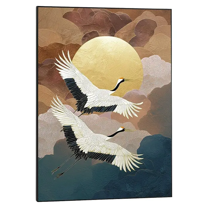Reinders Bild Slim Frame Black - Migrating Cranes, B x H: 50 x 70 cm - Zwei weiße Kraniche fliegen elegant vor goldenem Mond und texturierten Wolken.