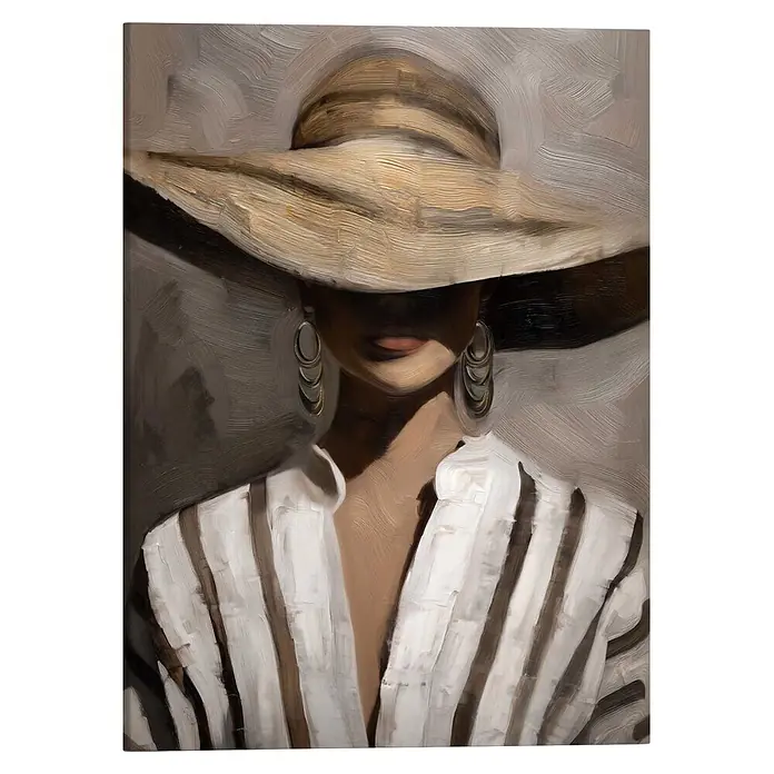 Reinders Leinwandbild Giclee on Canvas - Hat Chic, B x H: 50 x 70 cm - Impressionistisches Gemälde einer stilvollen Frau mit großem Hut, gestreiftem Hemd und großen Ohrringen.
