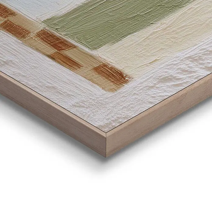 Reinders Bild Slim Frame Wood - Palm Trio View, B x H: 50 x 70 cm - Texturierter abstrakter Kunstdruck in Grün, Braun und Creme, in einem hellen Holzrahmen.