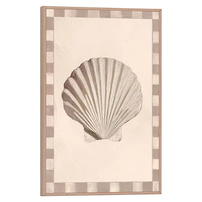 Reinders Bild Slim Frame Wood - Beautiful Shell, B x H: 20 x 30 cm - Gerahmtes Gemälde einer strukturierten Jakobsmuschel in gebrochenem Weiß auf beigem Hintergrund, mit hellem Holzrahmen und kariertem Rand.