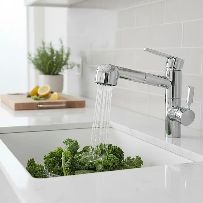 Grifo de cocina con caño extraíble - Plástico, Cromo, ½″ - Grifo de cocina cromado con rociador extraíble rocía agua sobre col rizada fresca en un fregadero blanco.