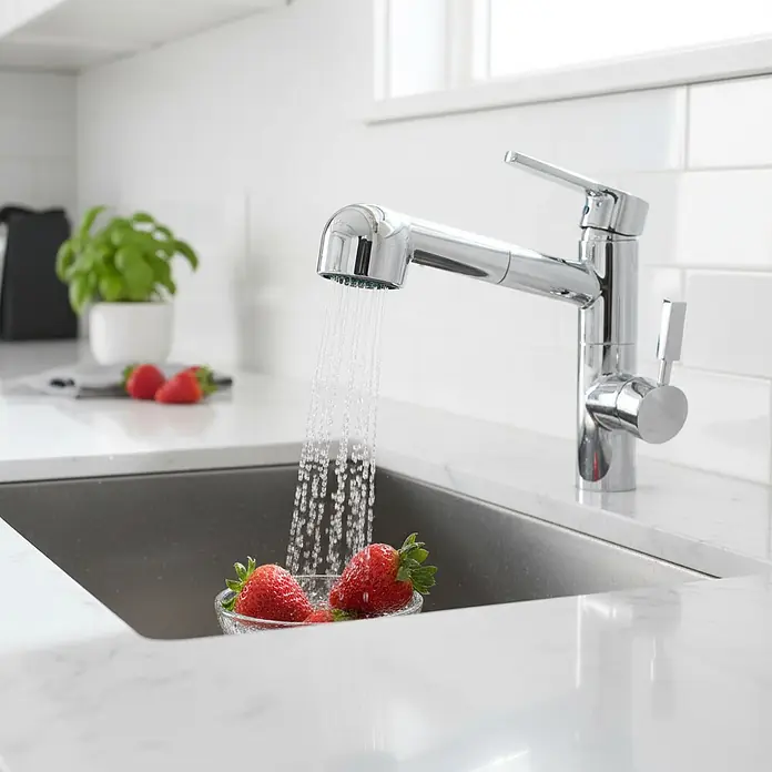 Grifo de cocina con caño extraíble - Plástico, Cromo, ½″ - Un grifo de cocina cromado brillante vierte agua en un fregadero de acero inoxidable, lavando fresas frescas.