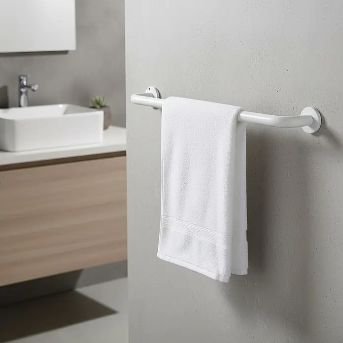 Venus Toallero de barra - L x An x Al: 6 x 60 x 10 cm, Plástico, Blanco - Toallero blanco de diseño curvo, montado en la pared de un baño, sosteniendo una toalla blanca.