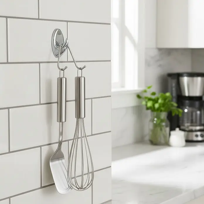 Poseidon Liliput Colgador adhesivo - Plástico, Cromo, 3 ud. - Gancho de cocina cromado con batidor y espátula de acero inoxidable en una pared de azulejos.