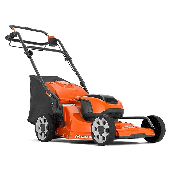 Husqvarna Akku-Rasenmäher LC142iS (ohne Akku) - 36 V, Ohne Akku, Schnittbreite: 420 mm - Oranger und schwarzer Husqvarna Schiebemäher mit Grasfangsack und dunklen Rädern.