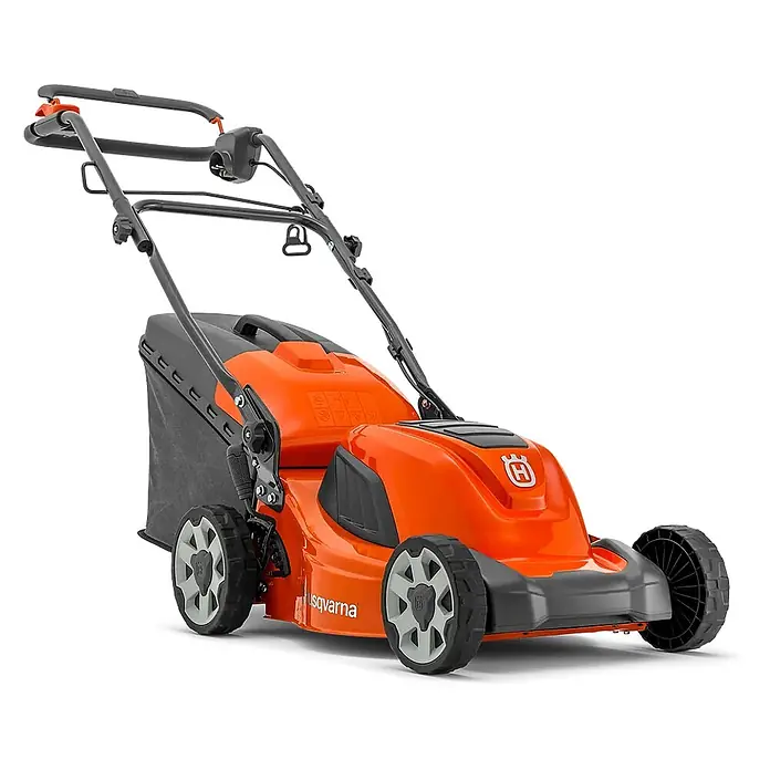 Husqvarna Akku-Rasenmäher LC137i (ohne Akku) - 36 V, Ohne Akku, Schnittbreite: 370 mm - Oranger und grauer Husqvarna Schiebe-Rasenmäher mit großem Fangkorb.