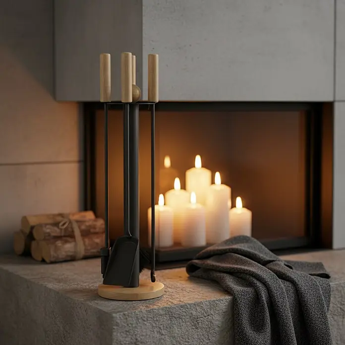 Lienbacher Juego de utensilios para chimenea - 4 pzs., Con asas de madera, Antracita, Altura: 64 cm - Juego de herramientas de chimenea negro con mangos y base de madera, junto a una chimenea con velas y leña.