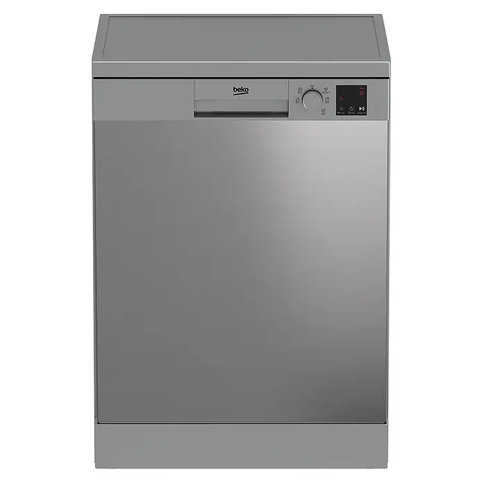 Beko Lavavajillas libre instalación DVN05320X - Ancho: 59,8 cm, Número de cubiertos: 14 ud., Consumo de agua por uso: 12,9 l - Lavavajillas Beko gris plata con acabado metálico y panel de control frontal.