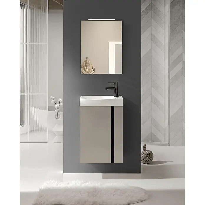 Riva Badmöbel-Set Elegance - Gesamtbreite Badmöbel: 45,2 cm, Fume, Matt - Ein moderner beiger Badezimmerschrank mit weißem Waschbecken und schwarzem Wasserhahn unter einem Spiegel mit Lichtleiste.