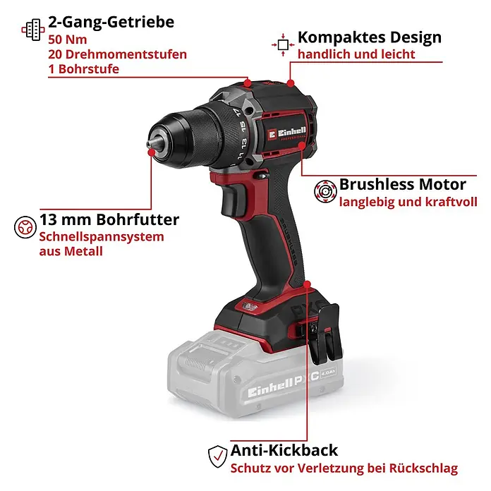 Einhell Professional Power X-Change 18V Akku-Schlagbohrschrauber TP-CD 18/50-C Li-i BL - Solo - 18 V, Ohne Akku, 50 Nm - Rot-schwarzer Akku-Bohrschrauber mit 13mm Metallbohrfutter, bürstenlosem Motor und Anti-Kickback-Funktion.