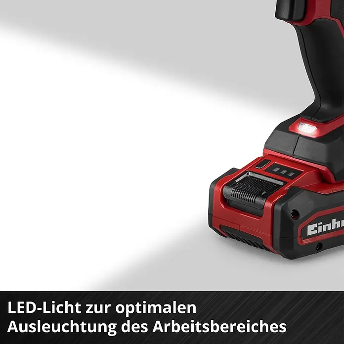 Einhell Professional Power X-Change 18V Akku-Schlagbohrschrauber TP-CD 18/50-C Li-i BL - Solo - 18 V, Ohne Akku, 50 Nm - Rotes und schwarzes Elektrowerkzeug mit beleuchtetem LED-Licht zur optimalen Ausleuchtung des Arbeitsbereichs und angebrachtem Akku.