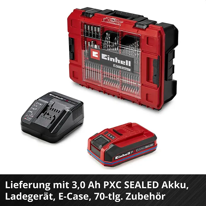 Einhell Professional PXC 18V Akku-Schlagbohrschrauber TTP-CDD 18/501-C Li-i - 18 V, 1 Akku, 3 Ah, 50 Nm - Einhell PXC Starter-Kit: roter E-Case mit 70 Zubehörteilen (Bits, Bohrer), 3,0Ah PXC SEALED Akku und Ladegerät.