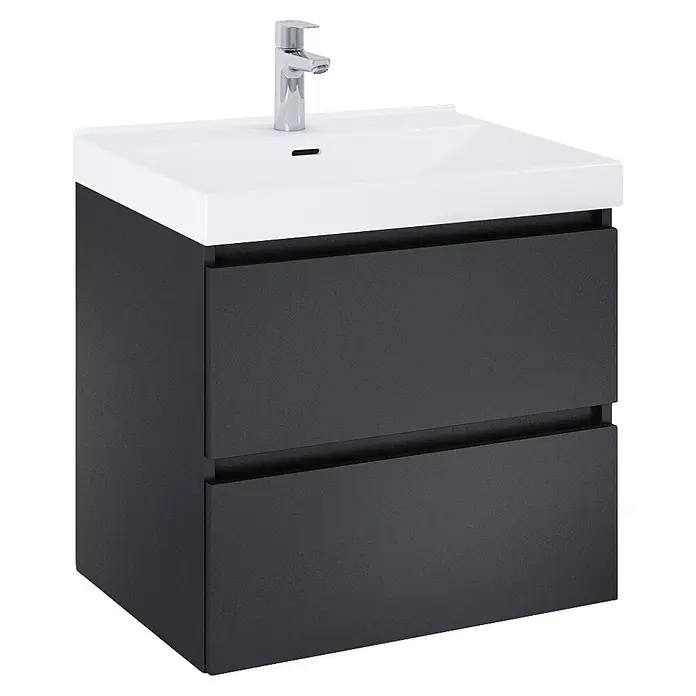 Riva Lynn Waschtischunterschrank - B x T x H: 60 x 45,6 x 53 cm, Schwarz, Matt - Dunkelgrauer Badunterschrank mit weißem Keramikwaschbecken und zwei Schubladen, inklusive Chromarmatur.
