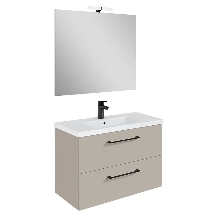 Riva Compact Badmöbel-Set - Gesamtbreite Badmöbel: 81,7 cm, Fume - Hellgrauer Badezimmerunterschrank mit weißem Waschbecken, schwarzem Wasserhahn, zwei Schubladen und Spiegel mit Leuchte.