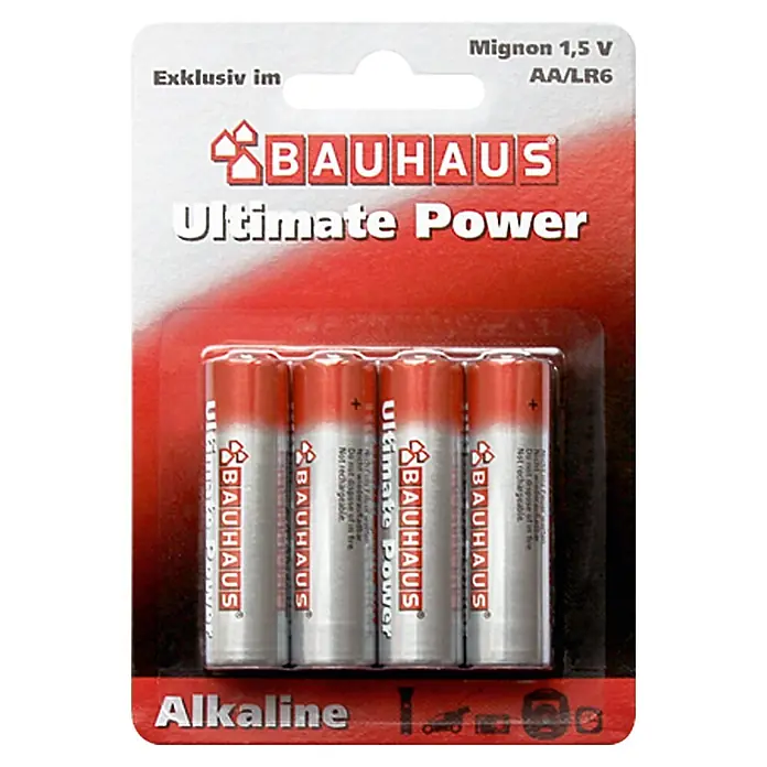 BAUHAUS Batterie Ultimate Power - Mignon AA, Alkali-Mangan, 1,5 V, 4 Stk. - Verpackung von Bauhaus Ultimate Power Alkaline AA/LR6 Batterien.