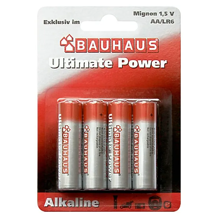 BAUHAUS Batterie Ultimate Power - Mignon AA, Alkali-Mangan, 1,5 V, 4 Stk. - Verpackung von Bauhaus Ultimate Power Alkaline AA/LR6 Batterien.