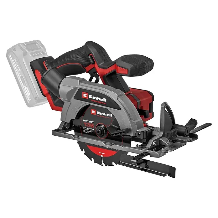 Einhell Professional Power X-Change 18V Akku-Handkreissäge TP-CS 18/136-C Li BL - Solo - 18 V, Ohne Akku, Durchmesser Sägeblatt: 136 mm - Akku-Handkreissäge von Einhell in Grau, Schwarz und Rot, mit scharfem Sägeblatt.