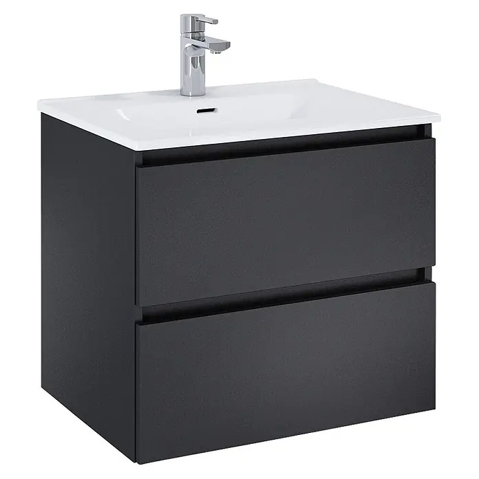 Riva Lynn Waschtischunterschrank - B x T x H: 60 x 45,6 x 53 cm, Schwarz, Matt - Dunkelgrauer Waschtischunterschrank mit zwei Schubladen, weißem Keramikbecken und Chromarmatur.