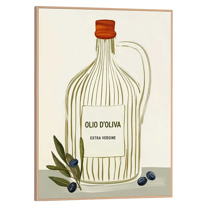 Reinders Bild Slim Frame Wood - Olive Oil Bottle, B x H: 30 x 40 cm - Gerahmtes Kunstwerk: Illustration einer Olivenölflasche mit „Olio d'Oliva Extra Vergine“-Etikett, Olivenzweig und Oliven.