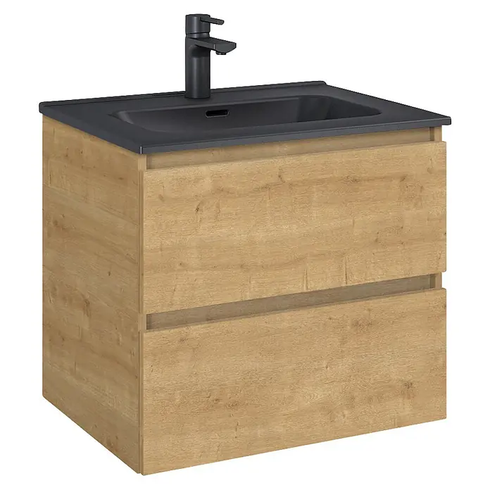 Riva Lynn Waschtischunterschrank - B x T x H: 60 x 45,6 x 53 cm, Hamilton Eiche - Waschtischunterschrank aus hellem Holz mit zwei Schubladen, integriertem dunkelgrauen Waschbecken und schwarzer Armatur.