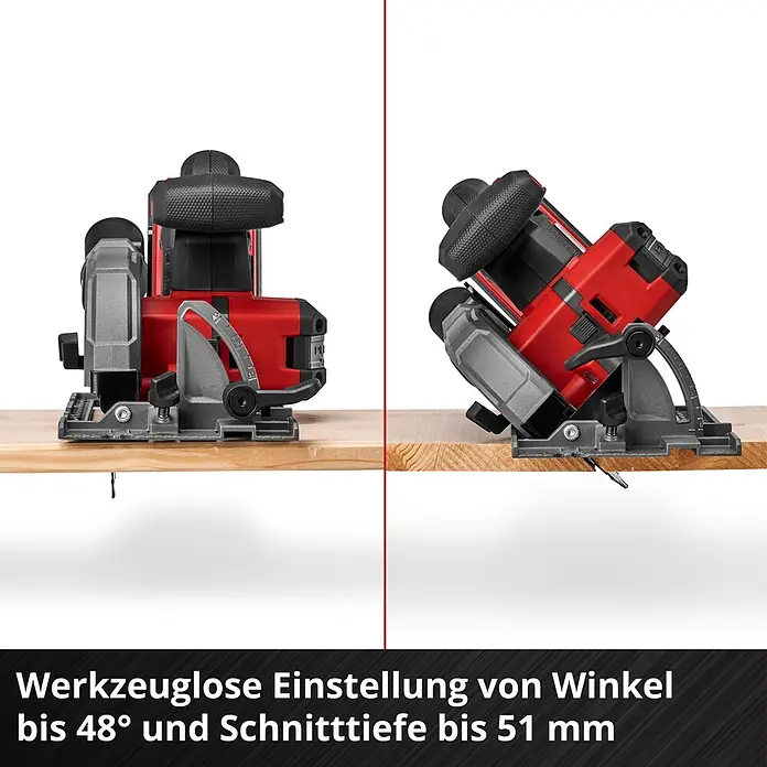 Einhell Professional Power X-Change 18V Akku-Handkreissäge TP-CS 18/136-C Li BL - Solo - 18 V, Ohne Akku, Durchmesser Sägeblatt: 136 mm - Rote und graue Handkreissäge auf Holz, zeigt werkzeuglose Winkeleinstellung bis 48° und Schnitttiefe bis 51 mm.