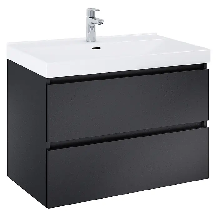 Riva Lynn Waschtischunterschrank - B x T x H: 80 x 45,6 x 53 cm, Schwarz, Matt - Dunkelgrauer Badunterschrank mit zwei Schubladen, weißem Keramikwaschbecken und Chromarmatur.