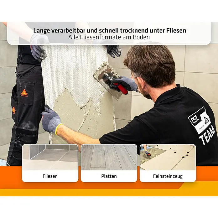 PCI Flexkleber 300 20 kg C2E S1 Großformat - 20 kg - Arbeiter tragen Fliesenkleber auf; kleinere Bilder zeigen verschiedene Bodenfliesen und Platten.