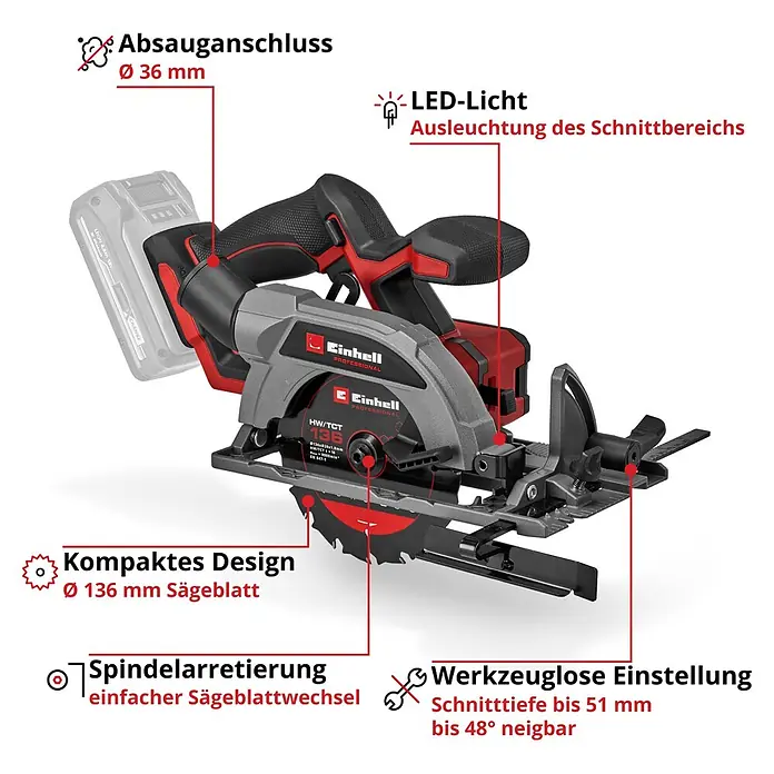 Einhell Professional Power X-Change 18V Akku-Handkreissäge TP-CS 18/136-C Li BL - Solo - 18 V, Ohne Akku, Durchmesser Sägeblatt: 136 mm - Akku-Kreissäge in Grau und Rot, mit 136mm Sägeblatt, LED-Licht, Staubabsaugung, Spindelarretierung und werkzeugloser Schnitt-/Neigungseinstellung.