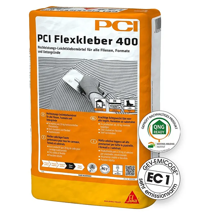 PCI Flexkleber 400 15 kg C2TES1 - 15 kg - Großer orange-weißer Sack PCI Flexkleber 400 Hochleistungs-Leichtklebemörtel.