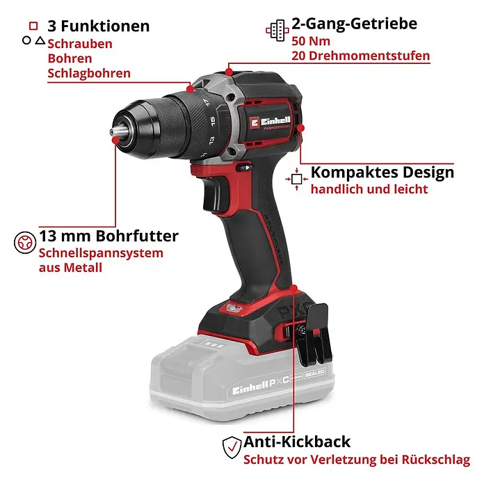 Einhell Professional PXC 18V Akku-Schlagbohrschrauber TTP-CDD 18/501-C Li-i - 18 V, 1 Akku, 3 Ah, 50 Nm - Schwarz-roter Einhell Akku-Bohrschrauber mit 13mm Metallbohrfutter, 3 Funktionen (Bohren, Schrauben, Schlagbohren) und Anti-Kickback.
