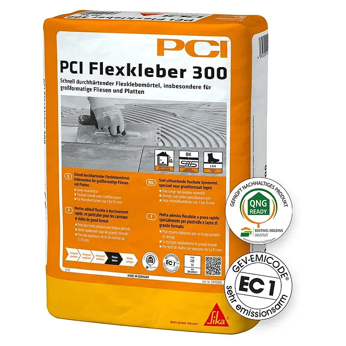 PCI Flexkleber 300 20 kg C2E S1 Großformat - 20 kg - Orangefarbener Sack PCI Flexkleber 300, ein schnellhärtender Flexklebemörtel für Großformatfliesen.