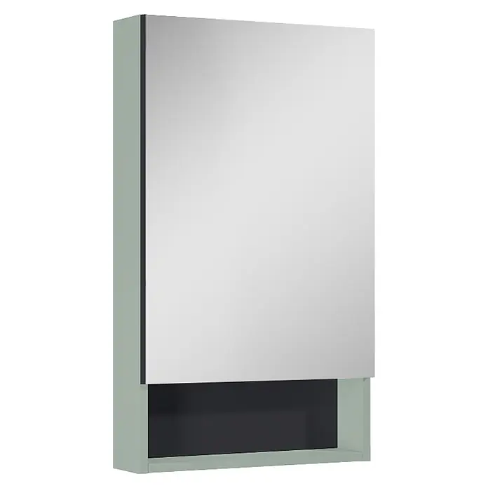 Riva Yasumi Spiegelschrank - B x H: 45 x 77 cm, Sage - Spiegelschrank mit hellgrauem Rahmen und offener dunkelgrauer Ablage.