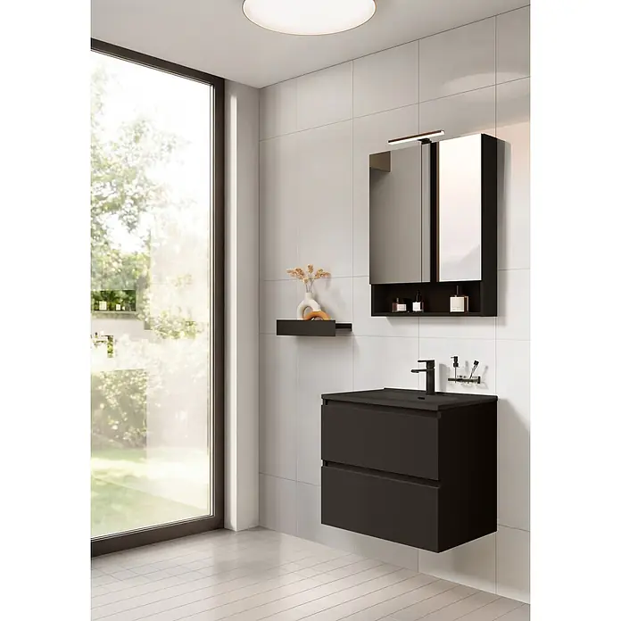 Riva Lynn Waschtischunterschrank - B x T x H: 60 x 45,6 x 53 cm, Schwarz, Matt - Moderner dunkelgrauer Wandwaschtisch mit integriertem Waschbecken und passendem Spiegelschrank mit Regalen.