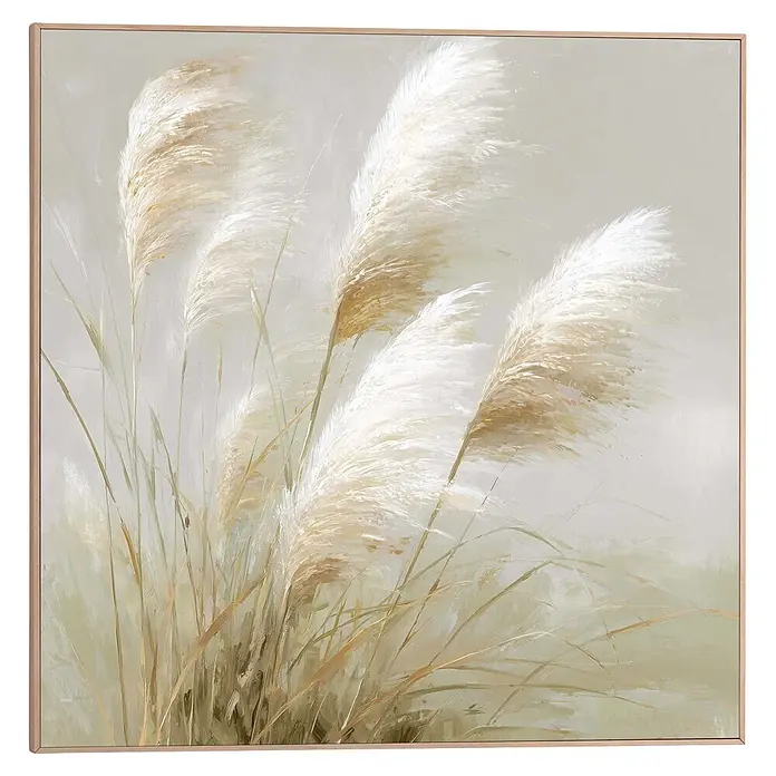 Reinders Bild Slim Frame Wood - Whispering Reeds, B x H: 50 x 50 cm - Gerahmtes Gemälde mit weißem und beigem Pampasgras in hellem Holzrahmen.