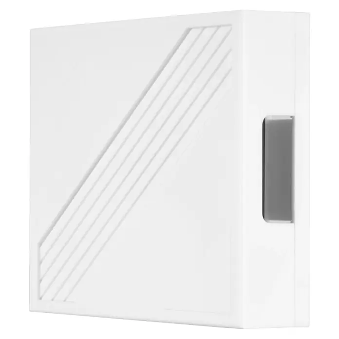 REV Türklingel - 115 x 38 x 115 mm, 8 V - 12 V - Weißer, rechteckiger Türklingel-Gong mit diagonalem Rillenmuster und grauem Seitenakzent.